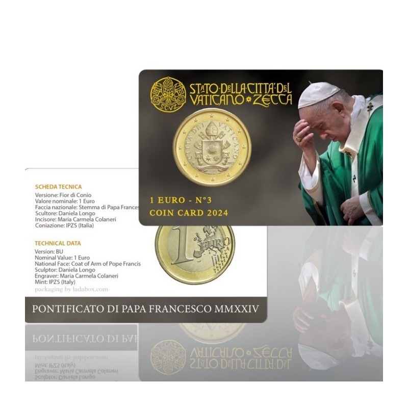 . 1 aaaacoin @24/JULIO Envío@ VATICANO 1 EURO 2024 ESCUDO del PAPA FRANCISCO COINCARD nº 3 MONEDA BIMETÁLICA SC