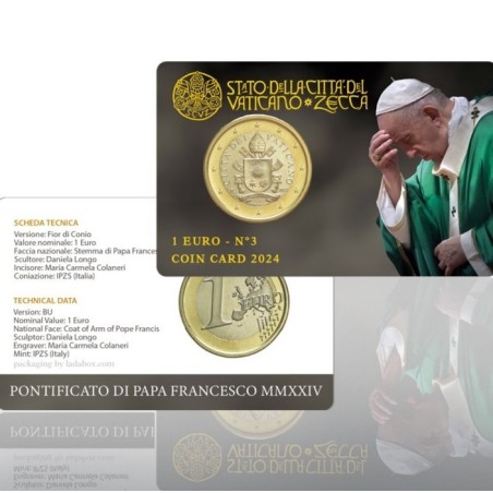 . 1 aaaacoin @24/JULIO Envío@ VATICANO 1 EURO 2024 ESCUDO del PAPA FRANCISCO COINCARD nº 3 MONEDA BIMETÁLICA SC