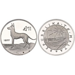 MALTA 1 LIBRA 1977 PERRO DE CAZA y ESCUDO KM.45 MONEDA DE PLATA SC @RAYITAS@ 1 Pound LM silver coin