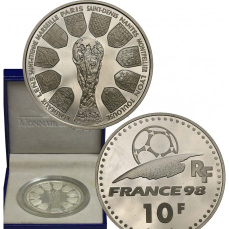 . 1 aaaacoin ESTUCHE x FRANCIA 10 FRANCOS 1998 TROFEO DE LA COPA MUNDIAL FUTBOL SEDES MONEDA DE PLATA PROOF France Coffret