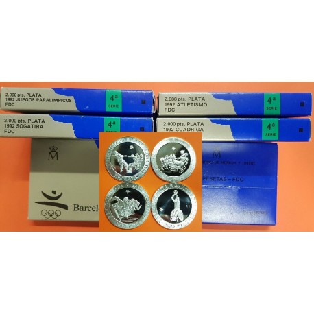 4 monedas x ESPAÑA 2000 PESETAS 1992 OLIMPIADA DE BARCELONA 4ª SERIE SOGATIRA ATLETISMO CUADRIGA PARALIMPICOS PLATA FDC ESTUCHE