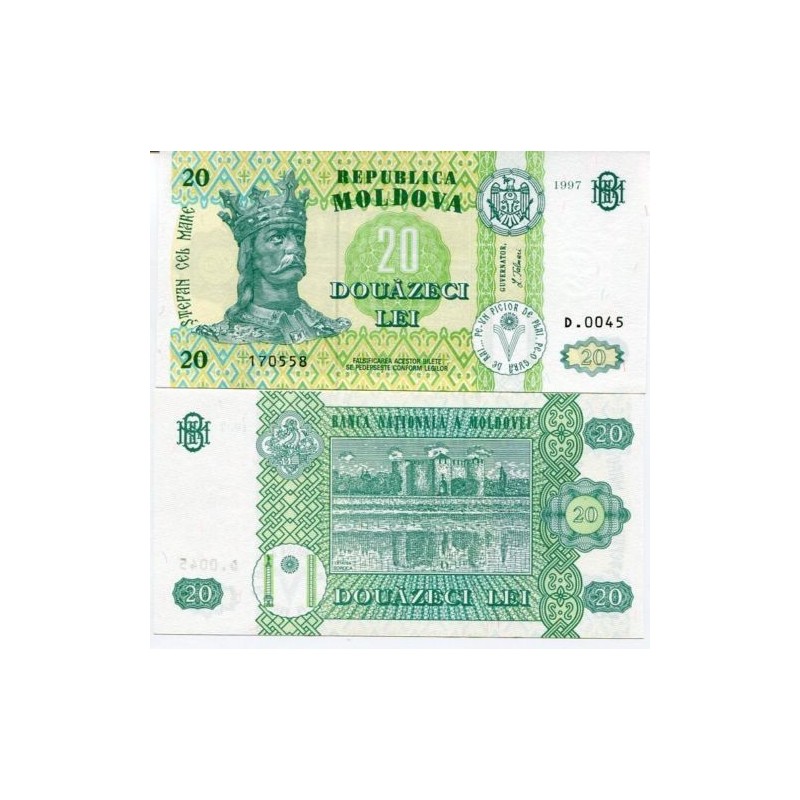 @ESCASO@ MOLDAVIA 20 LEI 1997 REY ESTEBAN y CASTILLO Color Verde Pick 13 BILLETE SC Moldova UNC BANKNOTE