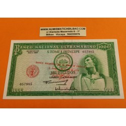 . @RARO - SELLO EN TINTA@ SANTO TOME & PRINCIPE 1000 ESCUDOS 1964 en tinta roja 1 de JUNHO de 1976 Pick 48 BILLETE SC @DOBLEZ@