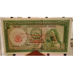 . @RARO - SELLO EN TINTA@ SANTO TOME & PRINCIPE 1000 ESCUDOS 1964 en tinta roja 1 de JUNHO de 1976 Pick 48 BILLETE SC @DOBLEZ@