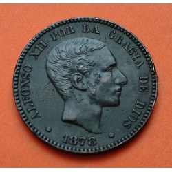 @FALSA DE ÉPOCA HECHA A MANO@ ESPAÑA Rey ALFONSO XII 10 CENTIMOS 1878 OM REY y ESCUDO KM.675 MONEDA DE BRONCE