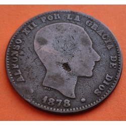 @FALSA DE ÉPOCA HECHA A MANO@ ESPAÑA Rey ALFONSO XII 10 CENTIMOS 1878 OM REY y ESCUDO KM.675 MONEDA DE BRONCE