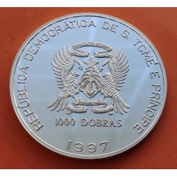 @ESCASA@ SANTO TOME y PRINCIPE 1000 DOBRAS 1997 PRINCESA DIANA KM.85.A MONEDA DE PLATA PROOF LADY DI QUEEN OF THE HEARTS