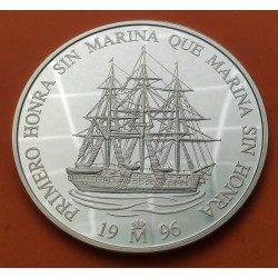 . 5 ONZAS + SI CÁPSULA x España 25 ECUS 1996 HOMENAJE A LA MARINA ESPAÑOLA y VELERO MONEDA DE PLATA NO ESTUCHE FNMT