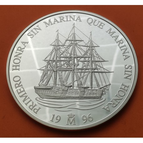 . 5 ONZAS + SI CÁPSULA x España 25 ECUS 1996 HOMENAJE A LA MARINA ESPAÑOLA y VELERO MONEDA DE PLATA NO ESTUCHE FNMT