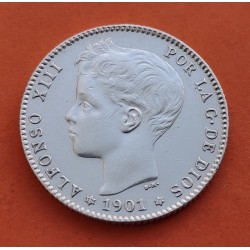 @LUJO@ ESPAÑA Rey ALFONSO XIII 1 PESETA 1901 * 19 01 SGV REY y ESCUDO KM.706 MONEDA DE PLATA SC+ Spain silver coin R/2