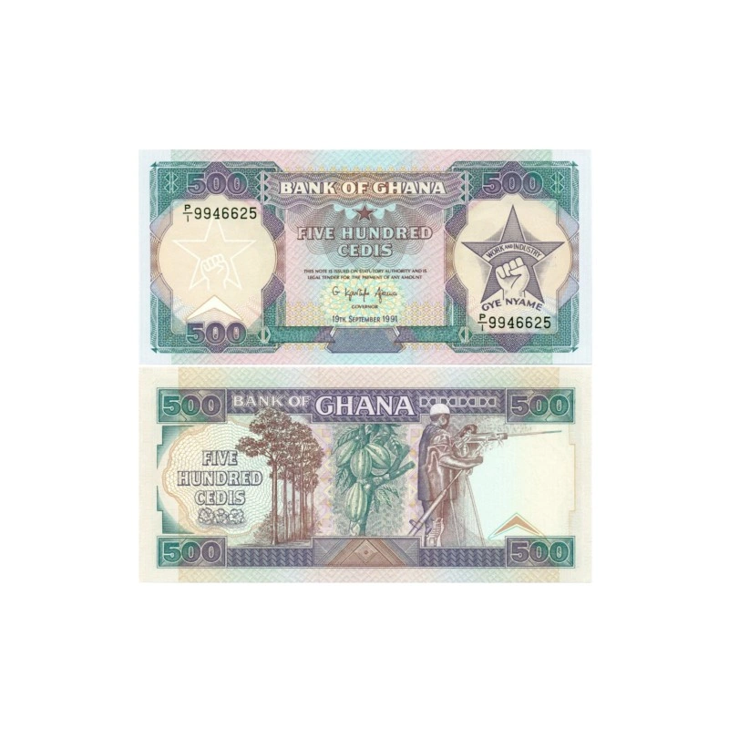 @ESCASO@ GHANA 500 CEDIS 1991 SOLDADO CON FUSIL, PUÑO y ESTRELLA Pick 28C BILLETE SC Africa UNC BANKNOTE
