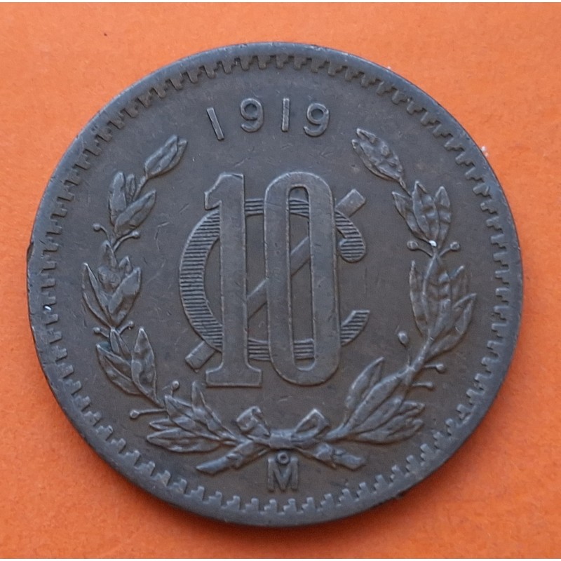 @LA MÁS RARA@ MEXICO 10 CENTAVOS 1919 AGUILA y SERPIENTE modulo Grande KM.430 MONEDA DE COBRE MBC República Mexicana