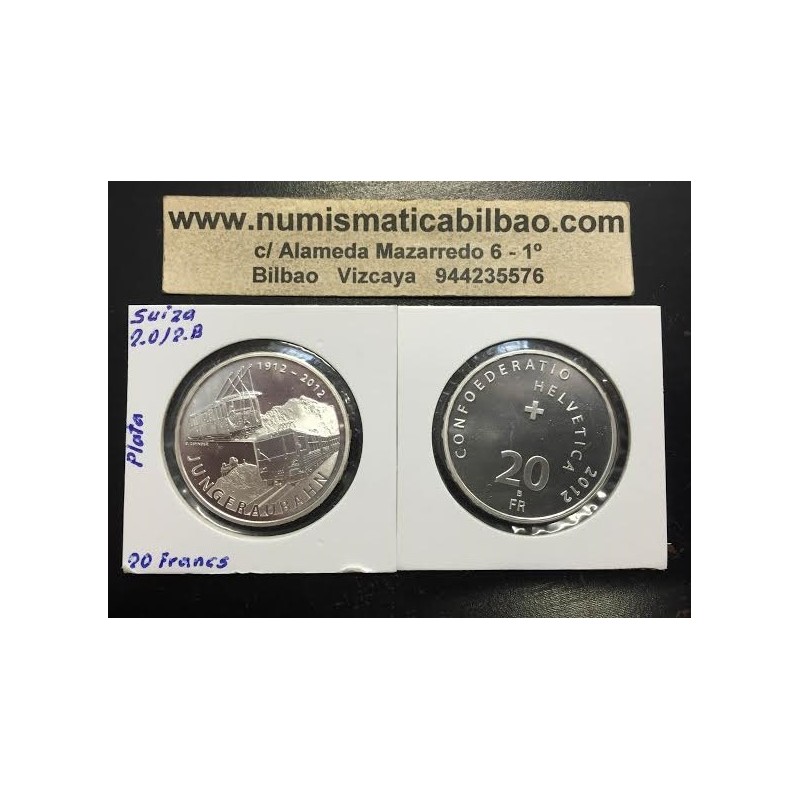SUIZA 20 FRANCOS 2012 B TREN FERROCARRIL DE LOS ALPES  JUNG FRAUBAHN MONEDA DE PLATA Switzerland 20 Francs
