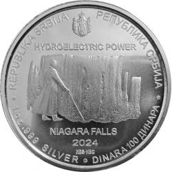 . 1 aaacoin @ENVÍO HOY@ SERBIA 100 DINARA 2024 NIKOLA TESLA CATARATAS DEL NIÁGARA MONEDA DE PLATA Oz ONZA cápsula