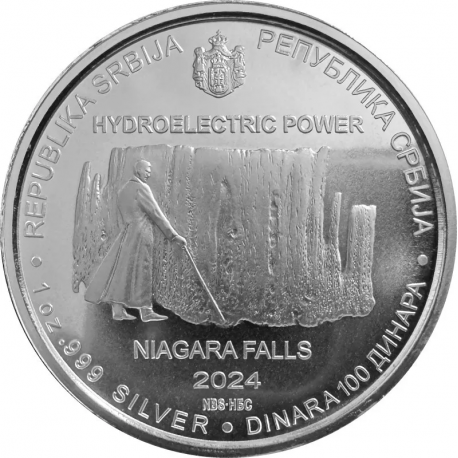 . 1 aaacoin @ENVÍO HOY@ SERBIA 100 DINARA 2024 NIKOLA TESLA CATARATAS DEL NIÁGARA MONEDA DE PLATA Oz ONZA cápsula