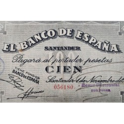 BANCO DE SANTANDER 100 PESETAS 1936 ANTEFIRMA Banco MERCANTIL Sin Serie 056180 BILLETE DE LA GUERRA CIVIL España