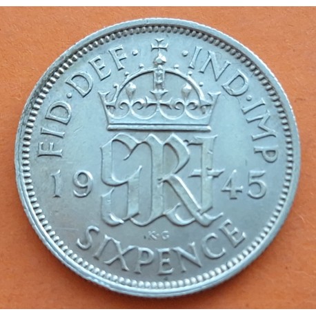 INGLATERRA 6 PENIQUES 1945 Rey JORGE VI KM.852 MONEDA DE PLATA SC- UK silver 6 Pence WWII