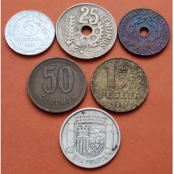 6 monedas x REPUBLICA ESPAÑOLA 5 + 25 + 50 CENTIMOS y 1 PESETA 1933 1934 1937 1938 PLATA COBRE HIERRO LATÓN España
