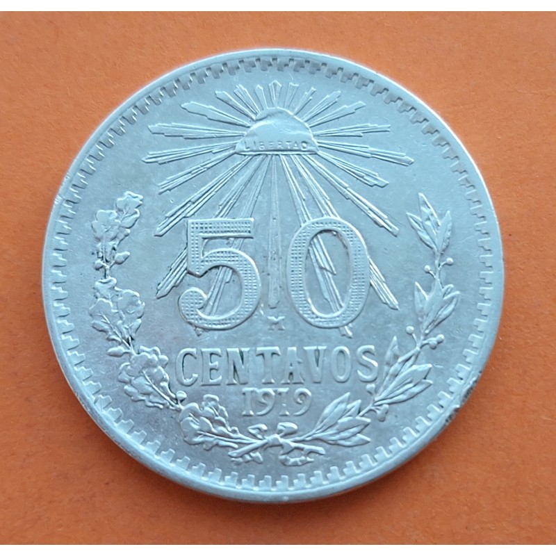 1º AÑO DE FABRICACIÓN x MEXICO 50 CENTAVOS 1919 AGUILA KM.447 MONEDA DE PLATA MBC 8,30 gramos Mejico R/1