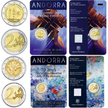 . 2 monedas x ANDORRA 2 EUROS 2018 DERECHOS HUMANOS y ANIVERSARIO DE LA CONSTITUCION SC COINCARD