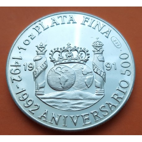 MEXICO 1 ONZA 1991 NUEVO CONTINENTE TRES CARABELAS - COLUMNARIO MEDALLA DE PLATA PURA 999 Mejico silver OZ MONEDA