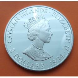 CAYMAN 2 DOLARES 1994 GALEÓN THE WRECK e ISABEL II KM.114 MONEDA DE PLATA PROOF Cayman Islands 2 Dollars silver