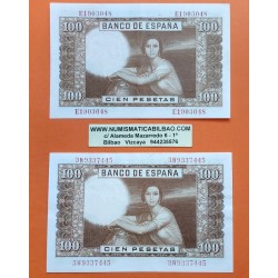 @2 BILLETES en 2 COLORES@ ESPAÑA 100 PESETAS 1953 JULIO ROMERO DE TORRES Pick 145 Marrón Claro + Marrón Oscuro EBC- L/3