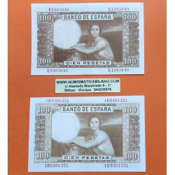 @2 BILLETES en 2 COLORES@ ESPAÑA 100 PESETAS 1953 JULIO ROMERO DE TORRES Pick 145 Marrón Claro + Marrón Oscuro EBC- L/1