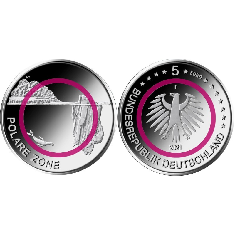 .@ENVIO INMEDIATO@ ALEMANIA 5 EUROS 2021 Letra al azar ZONA POLAR MORSA @COLOR ROSA@ 6ª moneda de PLASTICO + NICKEL Germany BRD