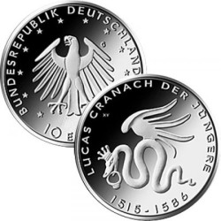 ALEMANIA 10 EUROS 2015 Ceca G CRANACH DRAGON MONEDA DE NICKEL SC Germany euro coin