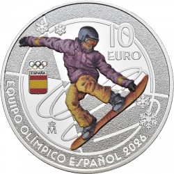 . 1 aaacoin @ENVÍO INMEDIATO@ ESPAÑA 10 EUROS 2025 SNOWBOARD EQUIPO OLÍMPICO ESPAÑOL 2026 MONEDA DE PLATA ESTUCHE FNMT COLORES