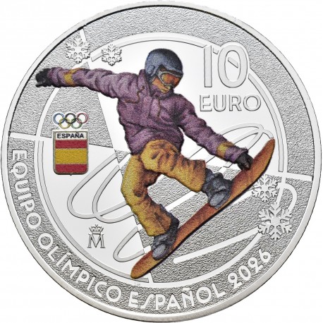 . 1 aaaaaacoin @ENVÍO HOY@ ESPAÑA 10 EUROS 2025 SNOWBOARD EQUIPO OLÍMPICO ESPAÑOL 2026 MONEDA DE PLATA ESTUCHE FNMT COLORES