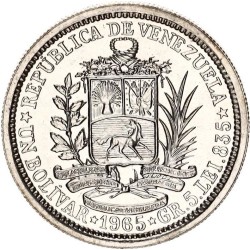 VENEZUELA 1 BOLIVAR 1965 SIMON BOLIVAR y ESCUDO NACIONAL KM.37 MONEDA DE PLATA SC silver coin