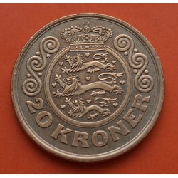 DINAMARCA 20 KRONER 1990 REINA MARGARITA II y ESCUDO KM.871 MONEDA DE LATON MBC Denmark 20 Coronas