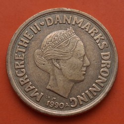 DINAMARCA 20 KRONER 1990 REINA MARGARITA II y ESCUDO KM.871 MONEDA DE LATON MBC Denmark 20 Coronas