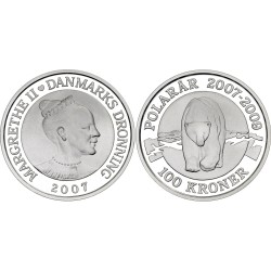 1 ONZA de PLATA PURA x DINAMARCA 100 KRONER 2007 OSO POLAR y REINA MARGARITA II KM.917 MONEDA PROOF Denmark silver