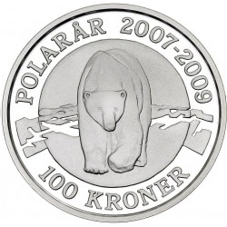 1 ONZA de PLATA PURA x DINAMARCA 100 KRONER 2007 OSO POLAR y REINA MARGARITA II KM.917 MONEDA PROOF Denmark silver