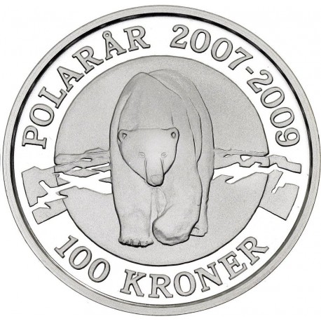 1 ONZA de PLATA PURA x DINAMARCA 100 KRONER 2007 OSO POLAR y REINA MARGARITA II KM.917 MONEDA PROOF Denmark silver
