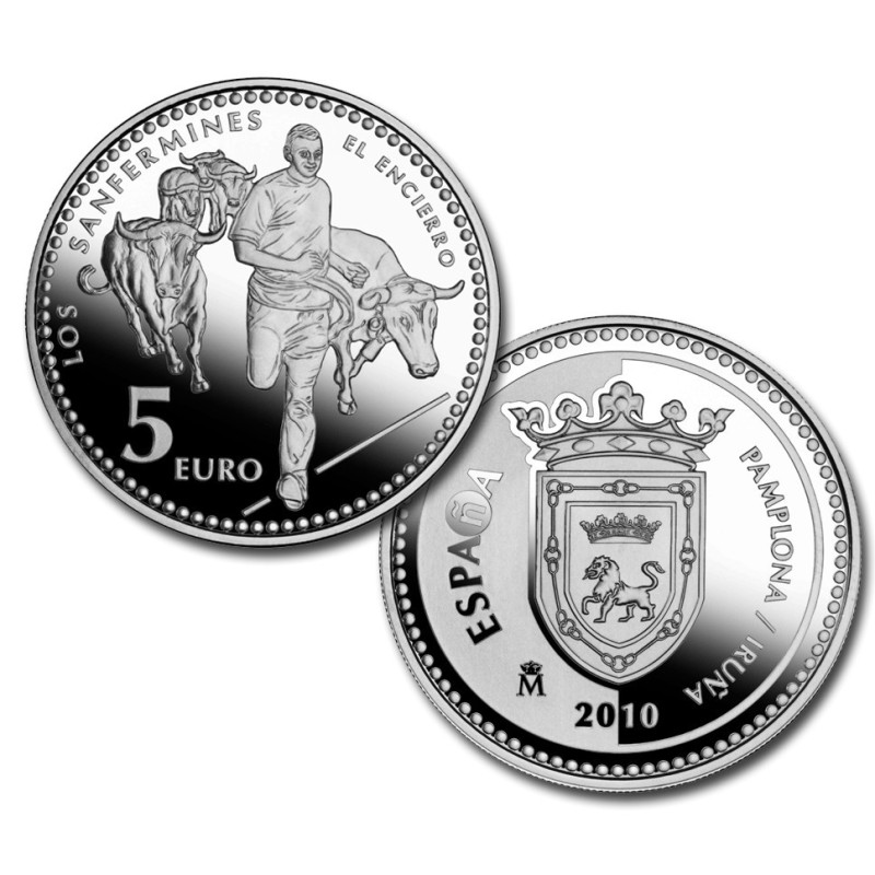 ESPAÑA 5 EUROS 2010 Ciudad de PAMPLONA - LOS SANFERMINES EL ENCIERRO MONEDA DE PLATA ESTUCHE FNMT CAPSULA