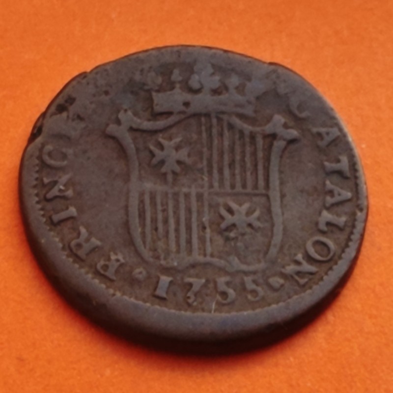 @RARA@ PRINCIPADO DE CATALUÑA Rey FERNANDO VI 1 ARDITE 1755 Ceca de SEGOVIA MONEDA DE COBRE 19mm España
