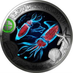 . 1 aaaacoin @20/FEBRERO Envío@ AUSTRIA 3 EUROS 2025 CALAMAR DE LUZ Vida Marina @COLORES@ 10ª MONEDA DE NICKEL