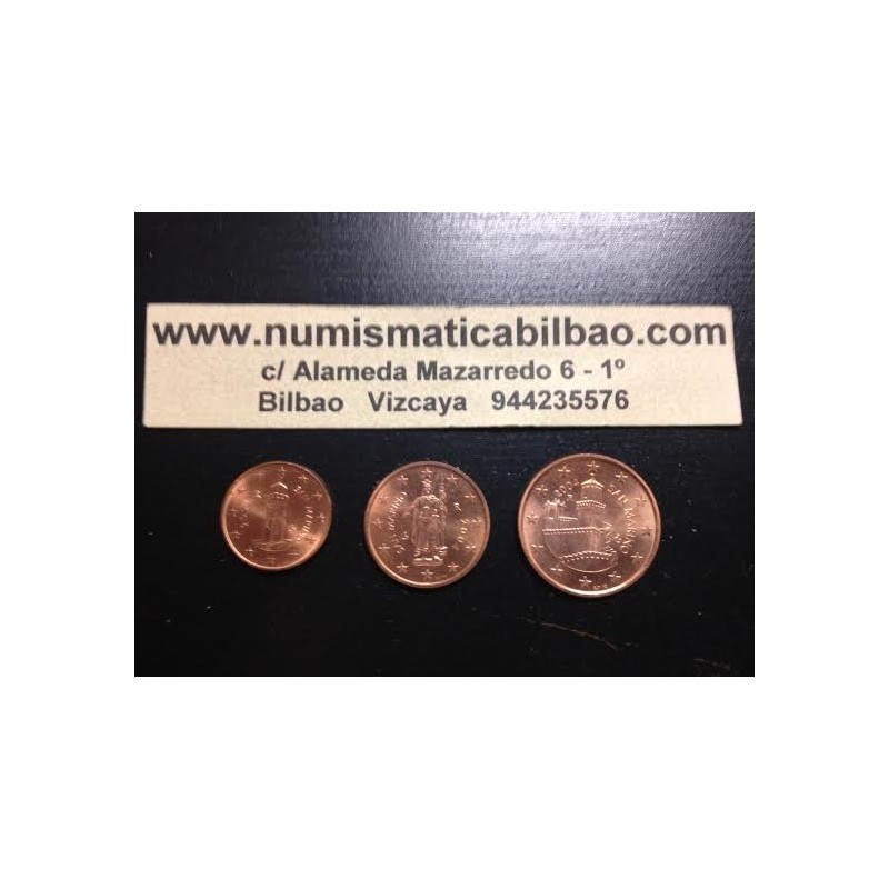 . 3 Monedas SC x SAN MARINO 1 CENTIMO + 2 CÉNTIMOS + 5 CENTIMOS 2006 EDIFICIOS y ESTATUA COBRE