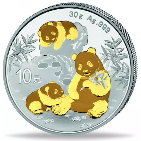 . 1 acoin @PLATA y ORO@ CHINA 10 YUAN 2025 OSOS PANDA MONEDA PROOFLIKE cápsula ONZA OZ GOLD PLATED GILDED
