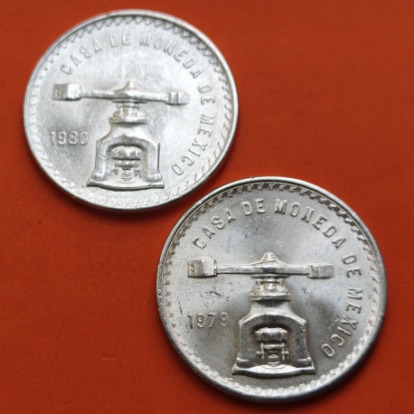 . 2 monedas SC- x MEXICO 1 ONZA 1979 + 1980 BALANZA y PRENSA DE ACUÑAR KM.M49 PLATA silver coin OZ TROY OUNCE