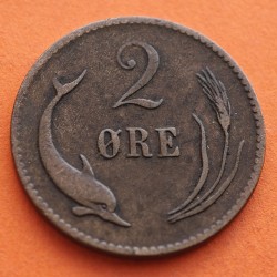 1º AÑO DE EMISIÓN x DINAMARCA 2 ORE 1874 CS DELFINES Rey CHRISTIAN IX KM.793 MONEDA DE COBRE MBC- Denmark