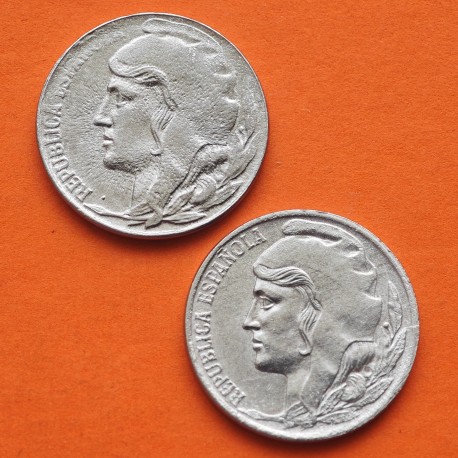 . 2 monedas SC- x ESPAÑA 5 CENTIMOS 1937 DAMA BUSTO PEQUEÑO + BUSTO GRANDE KM.752 HIERRO SC- República Española R/4