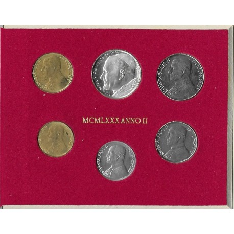 6 monedas x VATICANO CARTERA OFICIAL 1980 PAPA JUAN PABLO II SC 10 + 20 + 50 + 100 + 200 + 500 LIRAS 1980 PLATA Ioannes Pavlvs