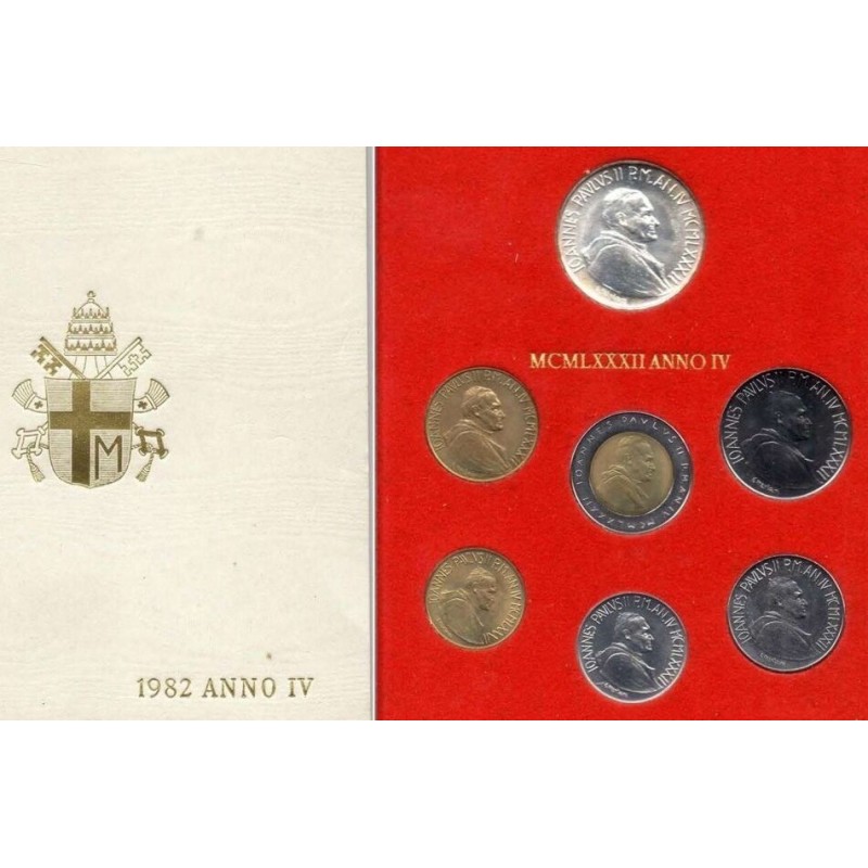7 monedas x VATICANO CARTERA OFICIAL 1982 PAPA JUAN PABLO II SC 10+20+50+100+200 + 500 LIRAS Bimetálica + 1000 LIRAS 1982 PLATA