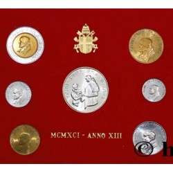 7 monedas x VATICANO CARTERA OFICIAL 1991 PAPA JUAN PABLO II SC 10+20+50+100+200 + 500 LIRAS Bimetálica + 1000 LIRAS 1991 PLATA