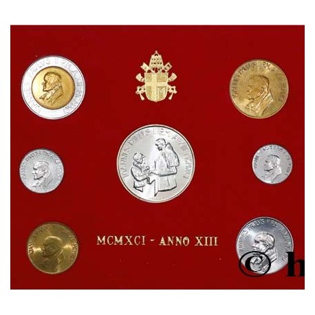 7 monedas x VATICANO CARTERA OFICIAL 1991 PAPA JUAN PABLO II SC 10+20+50+100+200 + 500 LIRAS Bimetálica + 1000 LIRAS 1991 PLATA